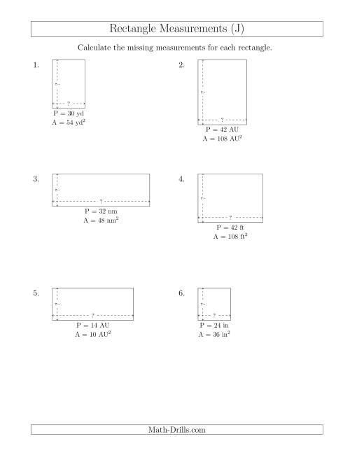 The Calculating the Side Measurements of Rectangles from Area and Perimeter (Smaller Whole Numbers) (J) Math Worksheet