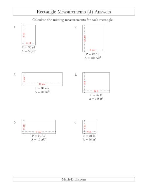 The Calculating the Side Measurements of Rectangles from Area and Perimeter (Smaller Whole Numbers) (J) Math Worksheet Page 2