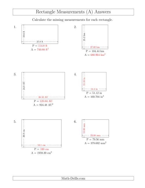 The Calculating Various Rectangle Measurements (Decimal Numbers) (A) Math Worksheet Page 2