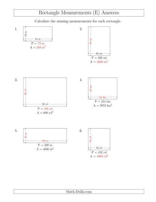 The Calculating Various Rectangle Measurements (Larger Whole Numbers) (E) Math Worksheet Page 2