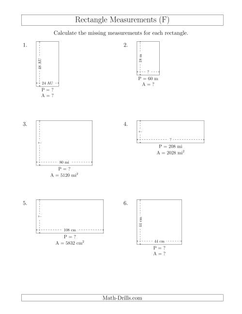 The Calculating Various Rectangle Measurements (Larger Whole Numbers) (F) Math Worksheet