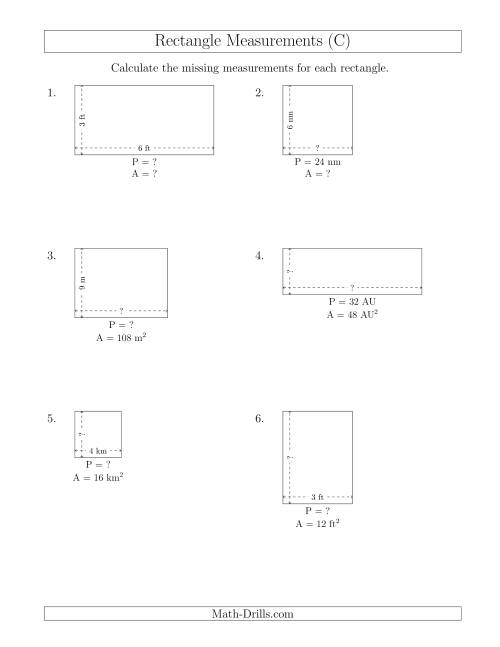 The Calculating Various Rectangle Measurements (Smaller Whole Numbers) (C) Math Worksheet
