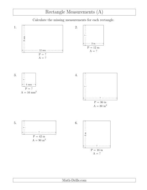 The Calculating Various Rectangle Measurements (Smaller Whole Numbers) (All) Math Worksheet