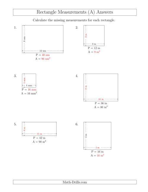 The Calculating Various Rectangle Measurements (Smaller Whole Numbers) (All) Math Worksheet Page 2