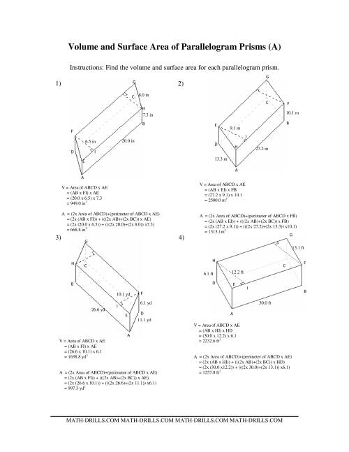 The Volume and Surface Area of Parallelogram Prisms (A) Math Worksheet Page 2