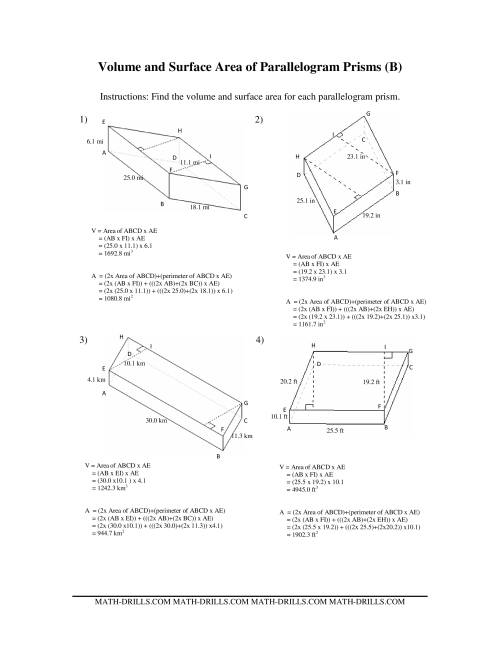 Volume And Surface Area Of Parallelogram Prisms (B)