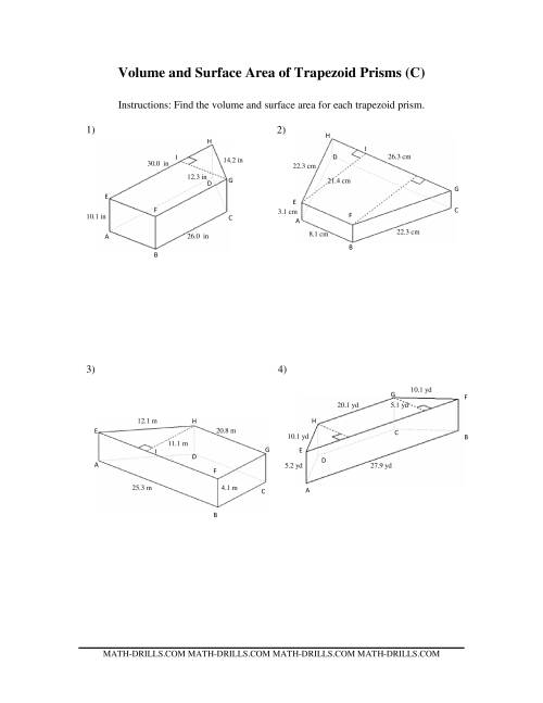 The Volume and Surface Area of Trapezoid Prisms (C) Math Worksheet