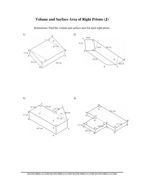 volume and surface area of prism worksheets