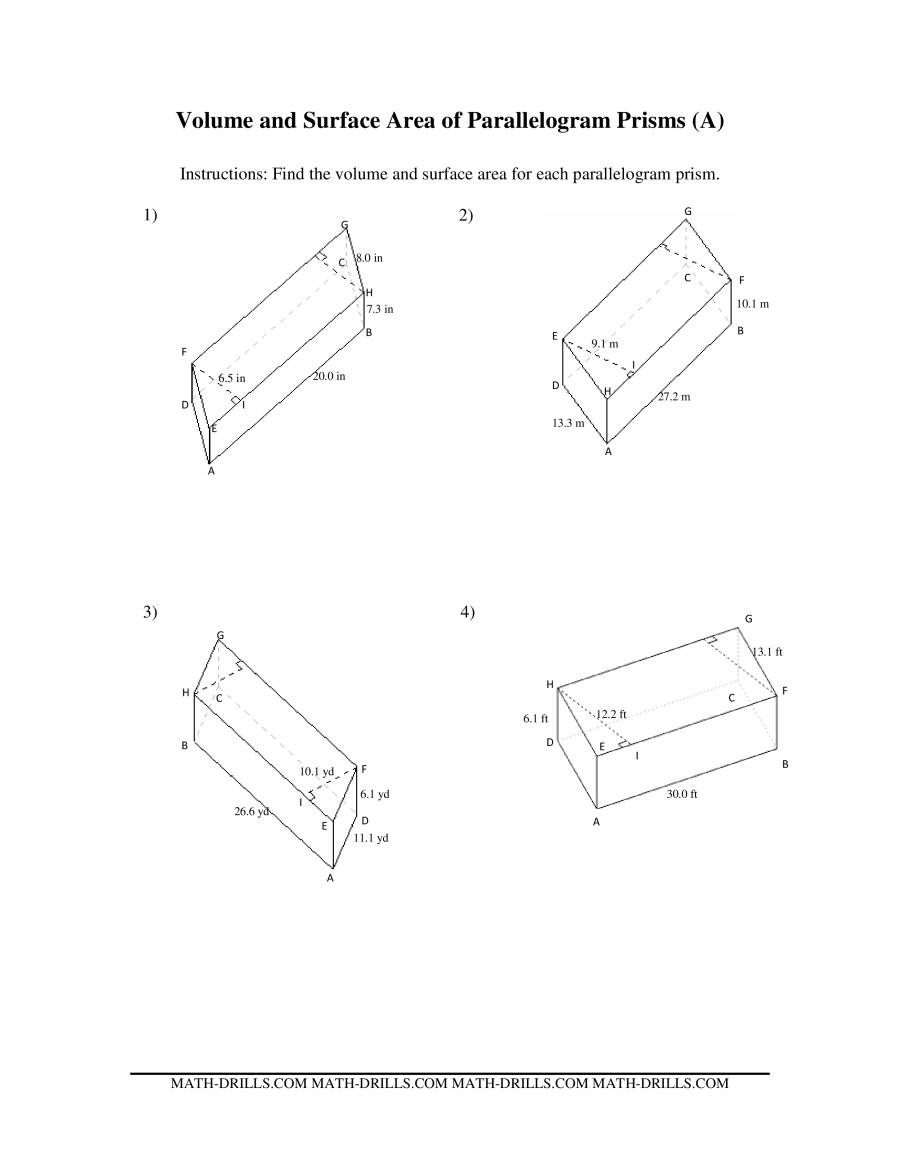 Volume and Surface Area of Parallelogram Prisms