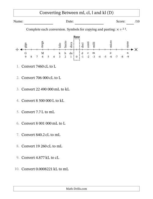 The Converting Between Millilitres, Centilitres, Litres and Kilolitres (SI Number Format) (D) Math Worksheet