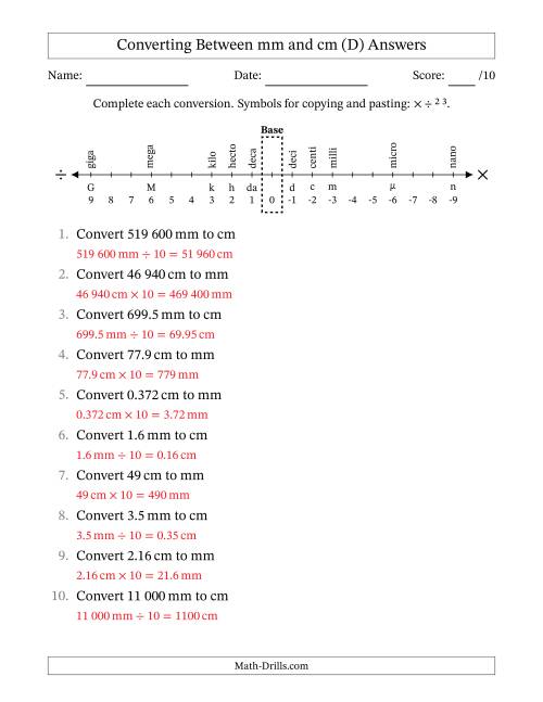 The Converting Between Centimetres and Millimetres (SI Number Format) (D) Math Worksheet Page 2