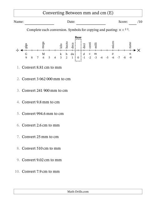 The Converting Between Centimetres and Millimetres (SI Number Format) (E) Math Worksheet