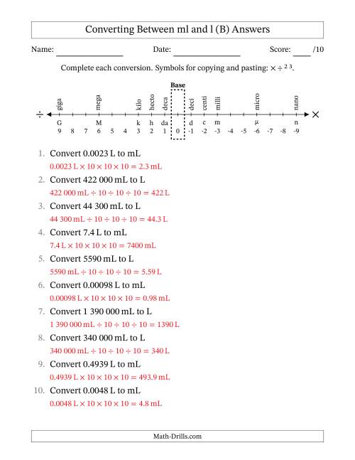 The Converting Between Millilitres and Litres (SI Number Format) (B) Math Worksheet Page 2