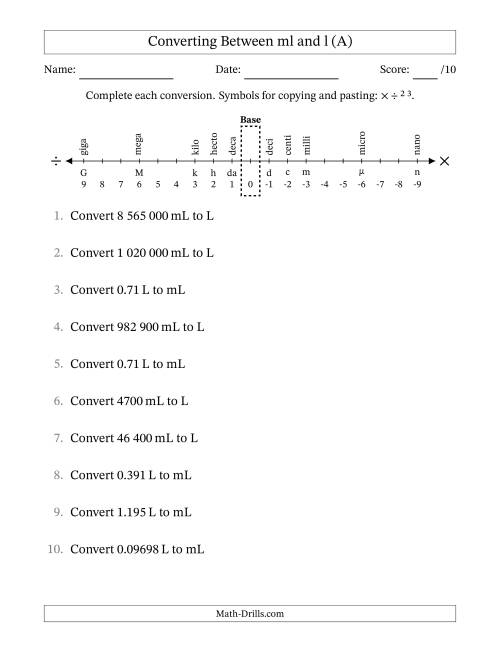 The Converting Between Millilitres and Litres (SI Number Format) (All) Math Worksheet