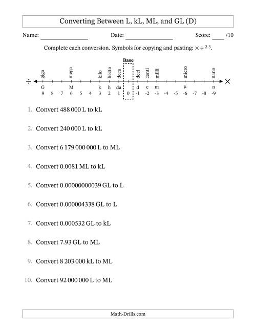 The Converting Between Litres, Kilolitres, Megalitres and Gigalitres (SI Number Format) (D) Math Worksheet