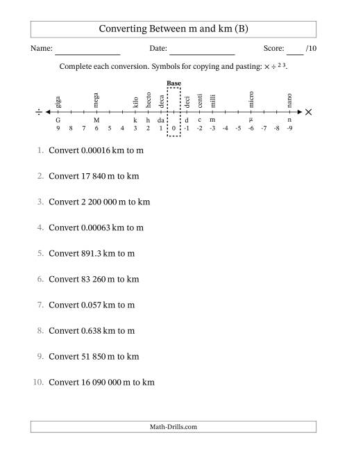 The Converting Between Kilometres and Metres (SI Number Format) (B) Math Worksheet