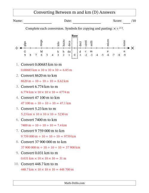 The Converting Between Kilometres and Metres (SI Number Format) (D) Math Worksheet Page 2