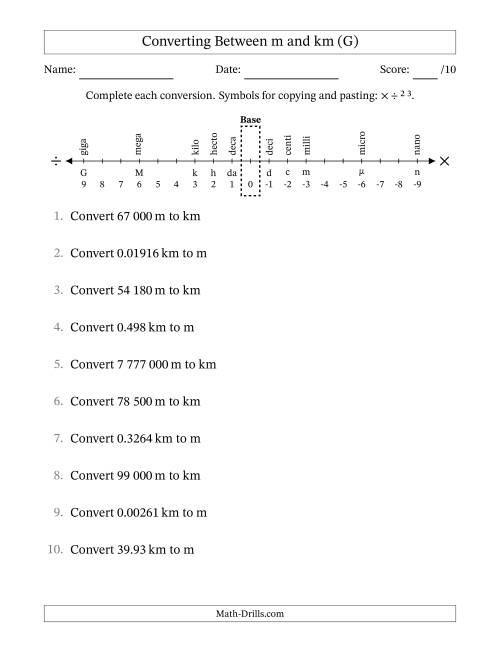 The Converting Between Kilometres and Metres (SI Number Format) (G) Math Worksheet