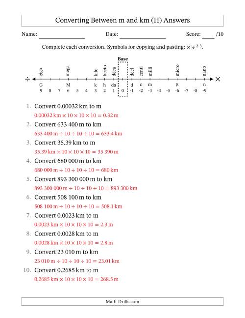 The Converting Between Kilometres and Metres (SI Number Format) (H) Math Worksheet Page 2