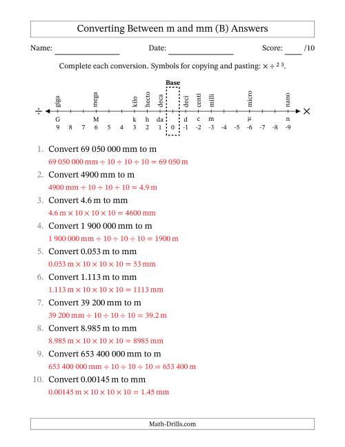 The Converting Between Millimetres and Metres (SI Number Format) (B) Math Worksheet Page 2
