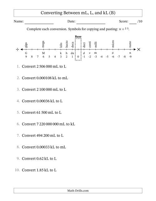 The Converting Between Millilitres, Litres, and Kilolitres (SI Number Format) (B) Math Worksheet