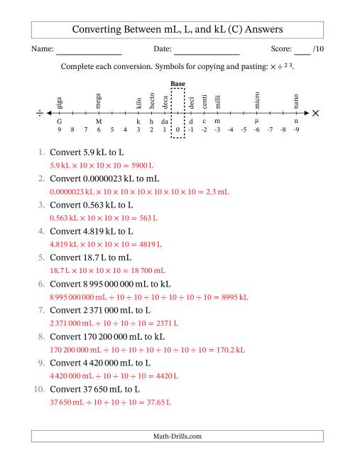 The Converting Between Millilitres, Litres, and Kilolitres (SI Number Format) (C) Math Worksheet Page 2
