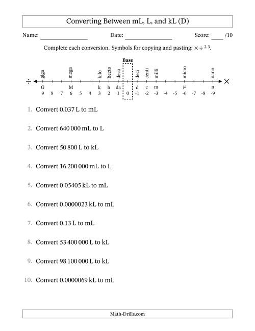 The Converting Between Millilitres, Litres, and Kilolitres (SI Number Format) (D) Math Worksheet