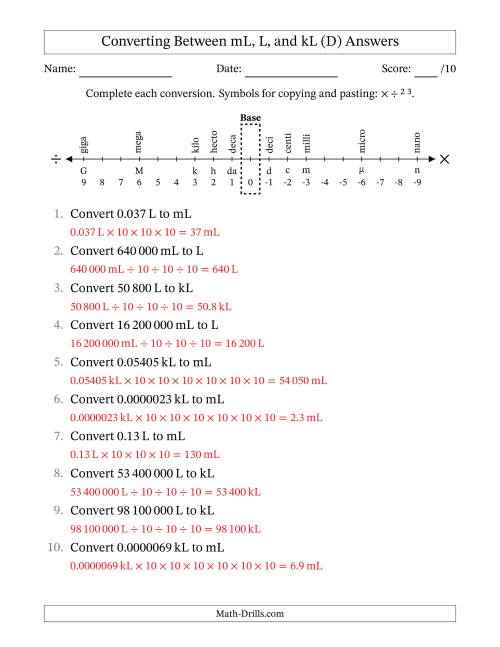 The Converting Between Millilitres, Litres, and Kilolitres (SI Number Format) (D) Math Worksheet Page 2