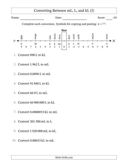 The Converting Between Millilitres, Litres, and Kilolitres (SI Number Format) (I) Math Worksheet
