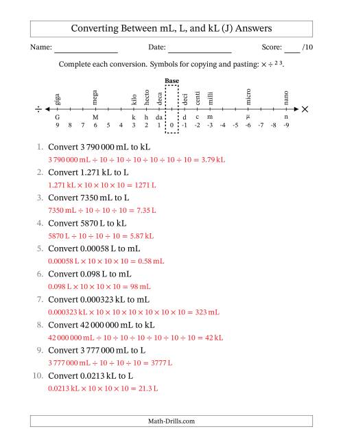 The Converting Between Millilitres, Litres, and Kilolitres (SI Number Format) (J) Math Worksheet Page 2