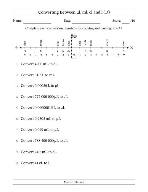 The Converting Between Microlitres, Millilitres, Centilitres and Litres (SI Number Format) (D) Math Worksheet