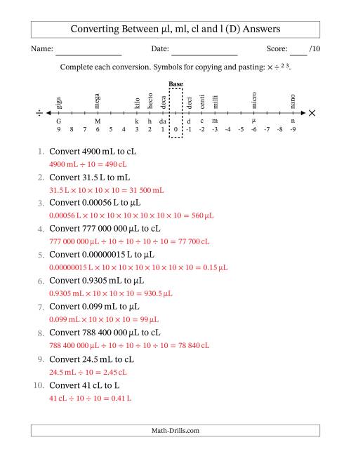 The Converting Between Microlitres, Millilitres, Centilitres and Litres (SI Number Format) (D) Math Worksheet Page 2