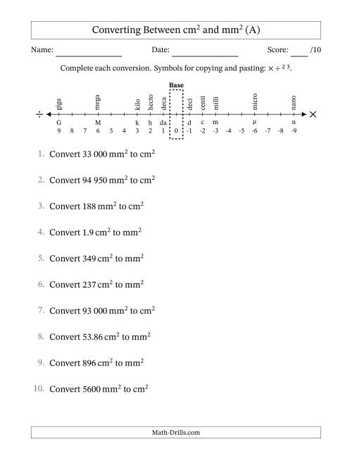 The Converting Between Square Centimetres and Square Millimetres (S.I. Number Format) (A) Math Worksheet