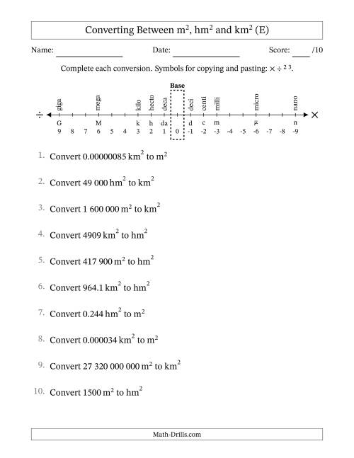 The Converting Between Square Metres, Square Hectometres and Square Kilometres (S.I. Number Format) (E) Math Worksheet