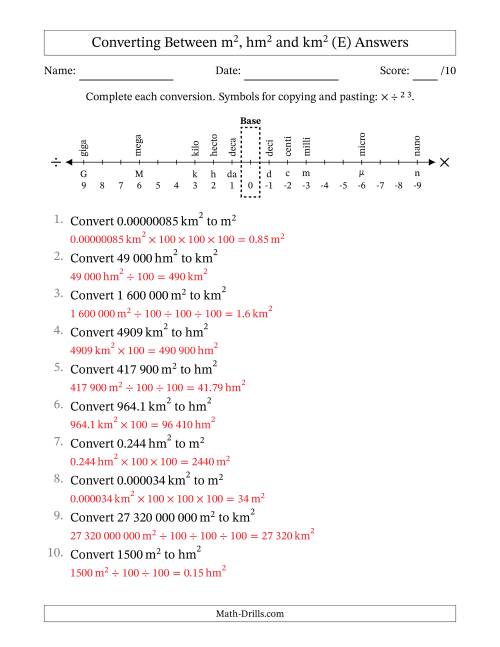 The Converting Between Square Metres, Square Hectometres and Square Kilometres (S.I. Number Format) (E) Math Worksheet Page 2
