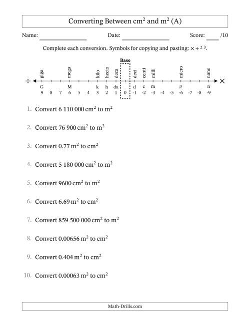 The Converting Between Square Centimetres and Square Metres (S.I. Number Format) (A) Math Worksheet