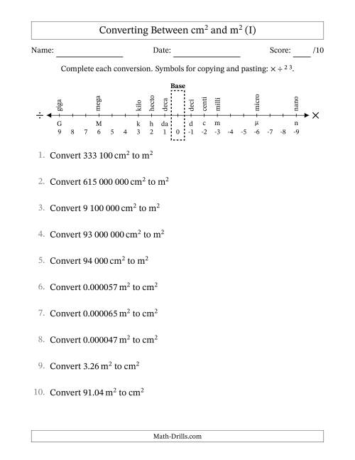 The Converting Between Square Centimetres and Square Metres (S.I. Number Format) (I) Math Worksheet