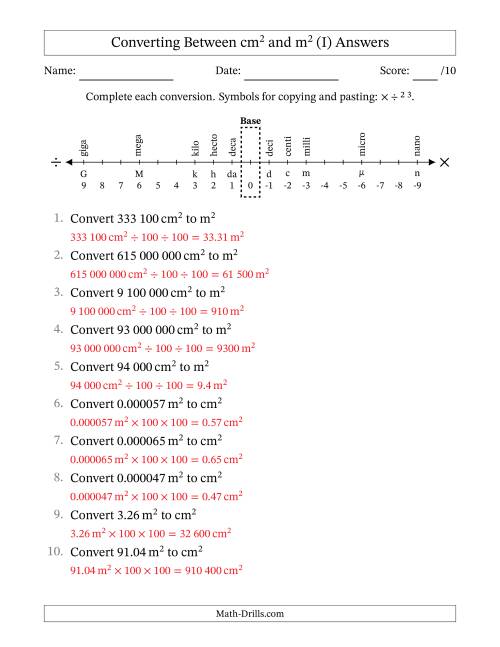 The Converting Between Square Centimetres and Square Metres (S.I. Number Format) (I) Math Worksheet Page 2
