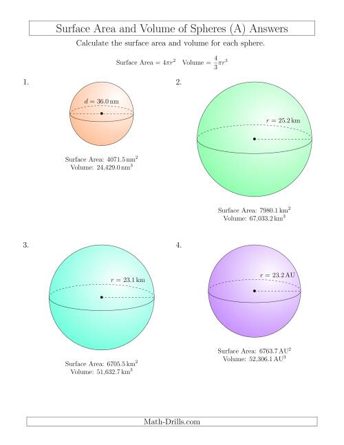 The Volume and Surface Area of Spheres (One Decimal Place) (A) Math Worksheet Page 2