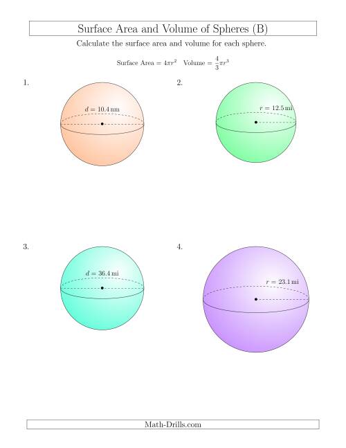 The Volume and Surface Area of Spheres (One Decimal Place) (B) Math Worksheet
