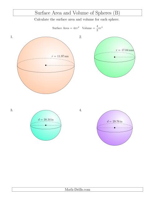 The Volume and Surface Area of Spheres (Two Decimal Places) (B) Math Worksheet