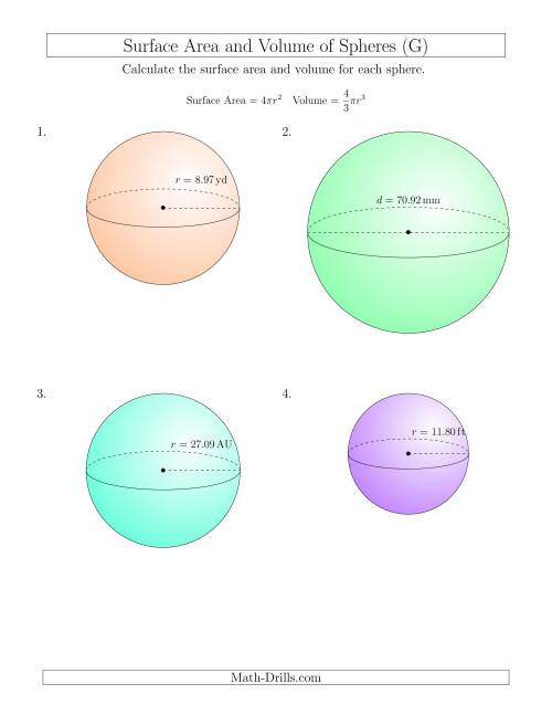 The Volume and Surface Area of Spheres (Two Decimal Places) (G) Math Worksheet