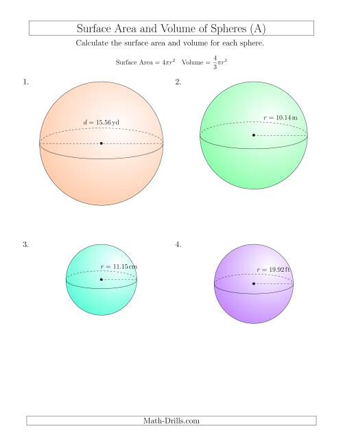 The Volume and Surface Area of Spheres (Two Decimal Places) (All) Math Worksheet