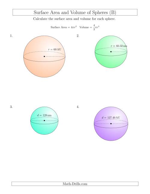 The Volume and Surface Area of Spheres (Large Input Values) (B) Math Worksheet