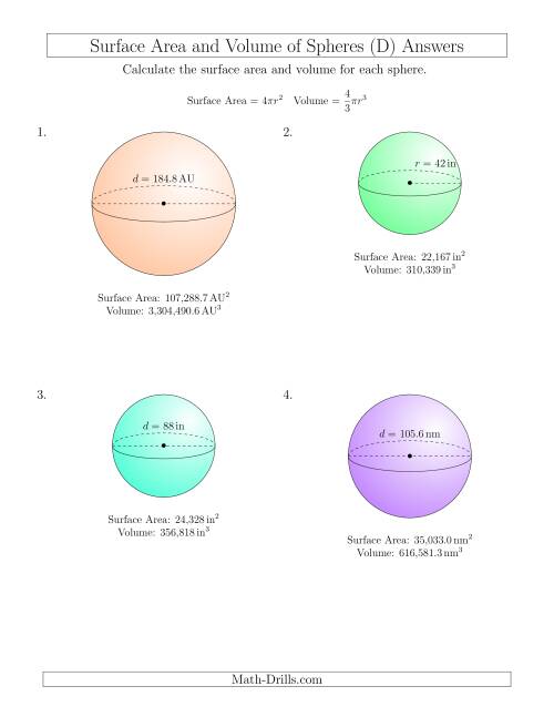 The Volume and Surface Area of Spheres (Large Input Values) (D) Math Worksheet Page 2