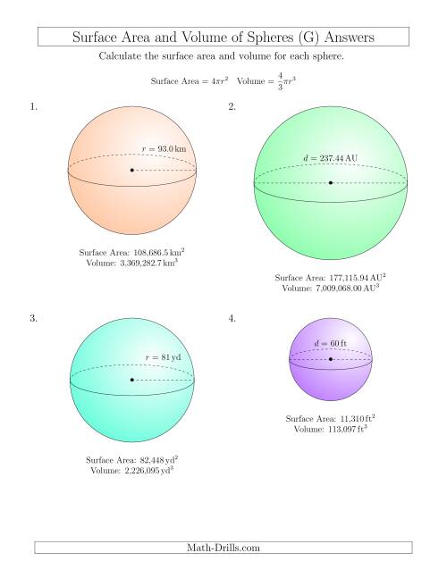 The Volume and Surface Area of Spheres (Large Input Values) (G) Math Worksheet Page 2