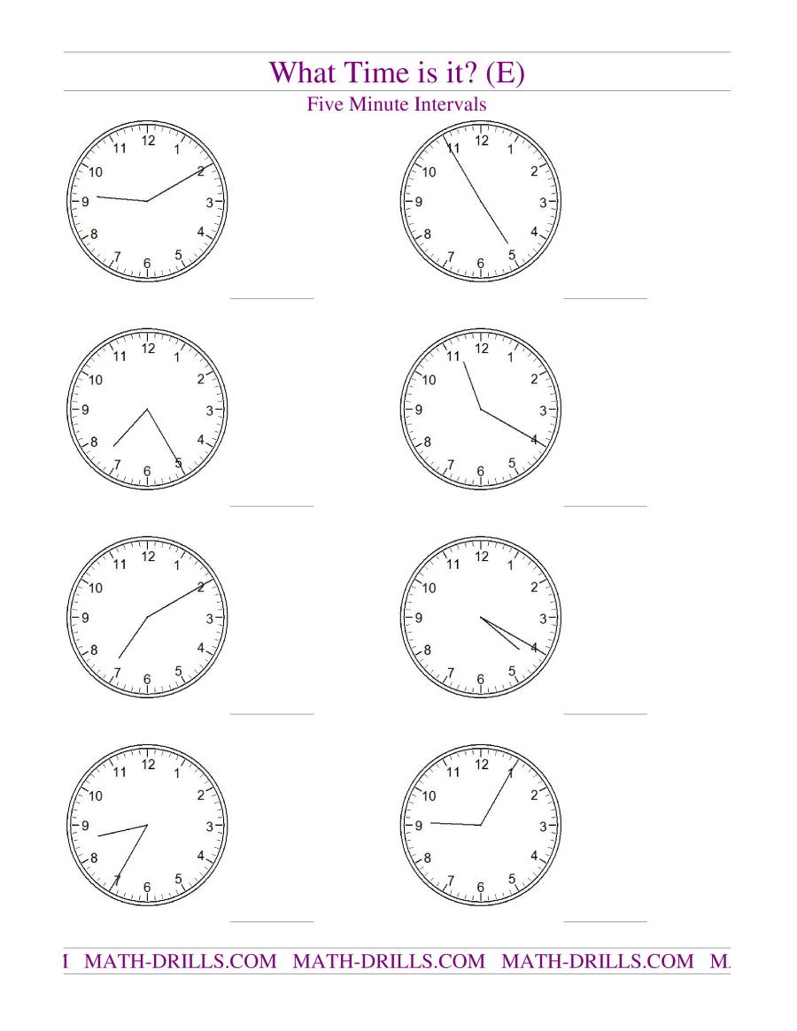 Telling Time on Analog Clocks -- Five Minute Intervals (E)