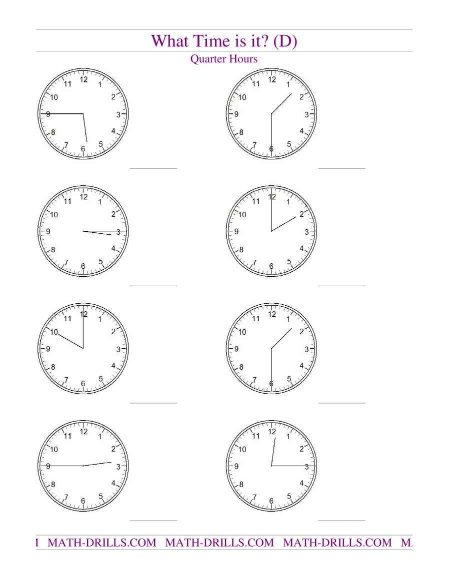 Telling Time on Analog Clocks -- Quarter Hour Intervals (D)