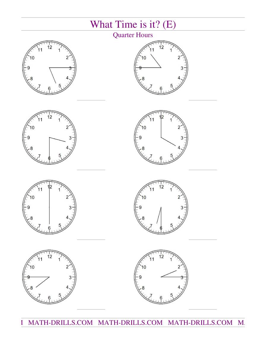 Telling Time on Analog Clocks -- Quarter Hour Intervals (E) Measurement ...