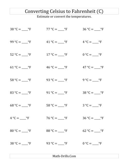 The Converting Celsius to Fahrenheit with No Negative Values (C) Math Worksheet